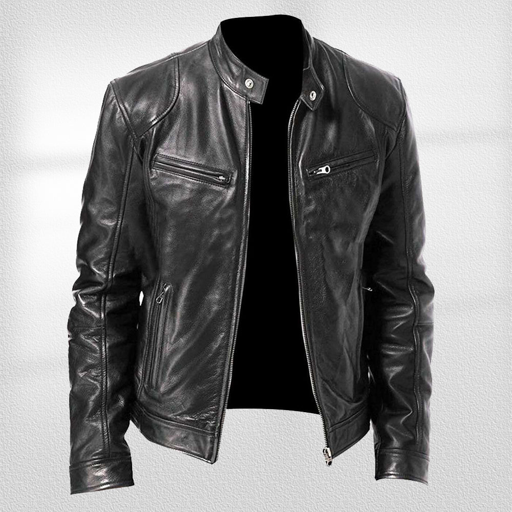 GR | Stand-up collar, trendy leather jacket, handsome motorcycle leather jacket