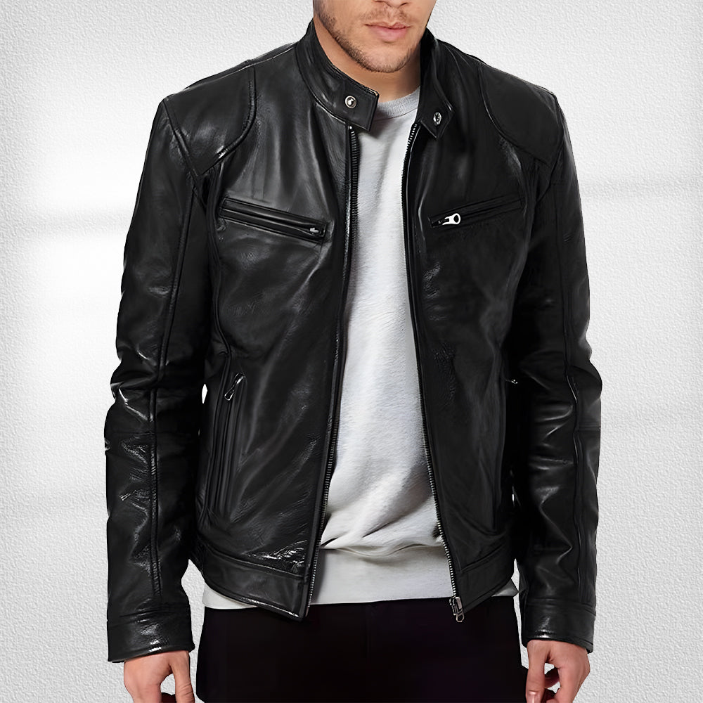 GR | Stand-up collar, trendy leather jacket, handsome motorcycle leather jacket