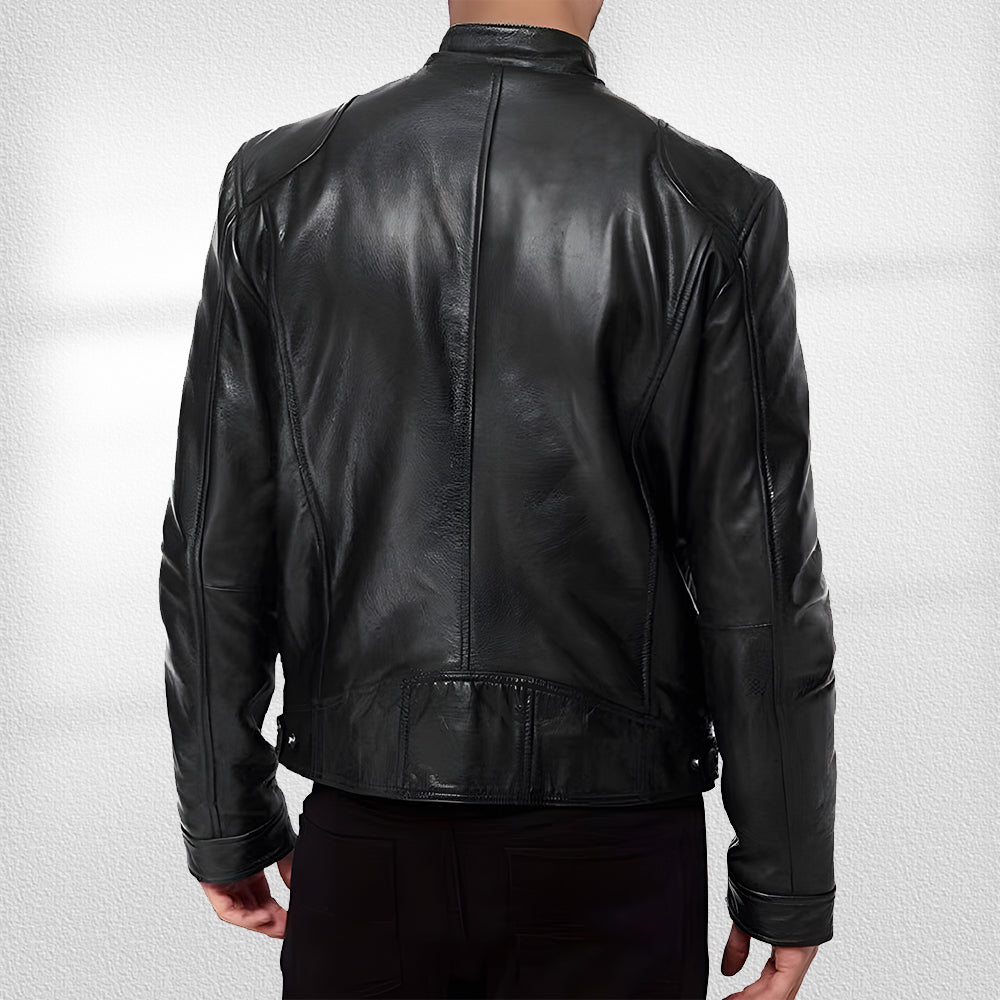 GR | Stand-up collar, trendy leather jacket, handsome motorcycle leather jacket