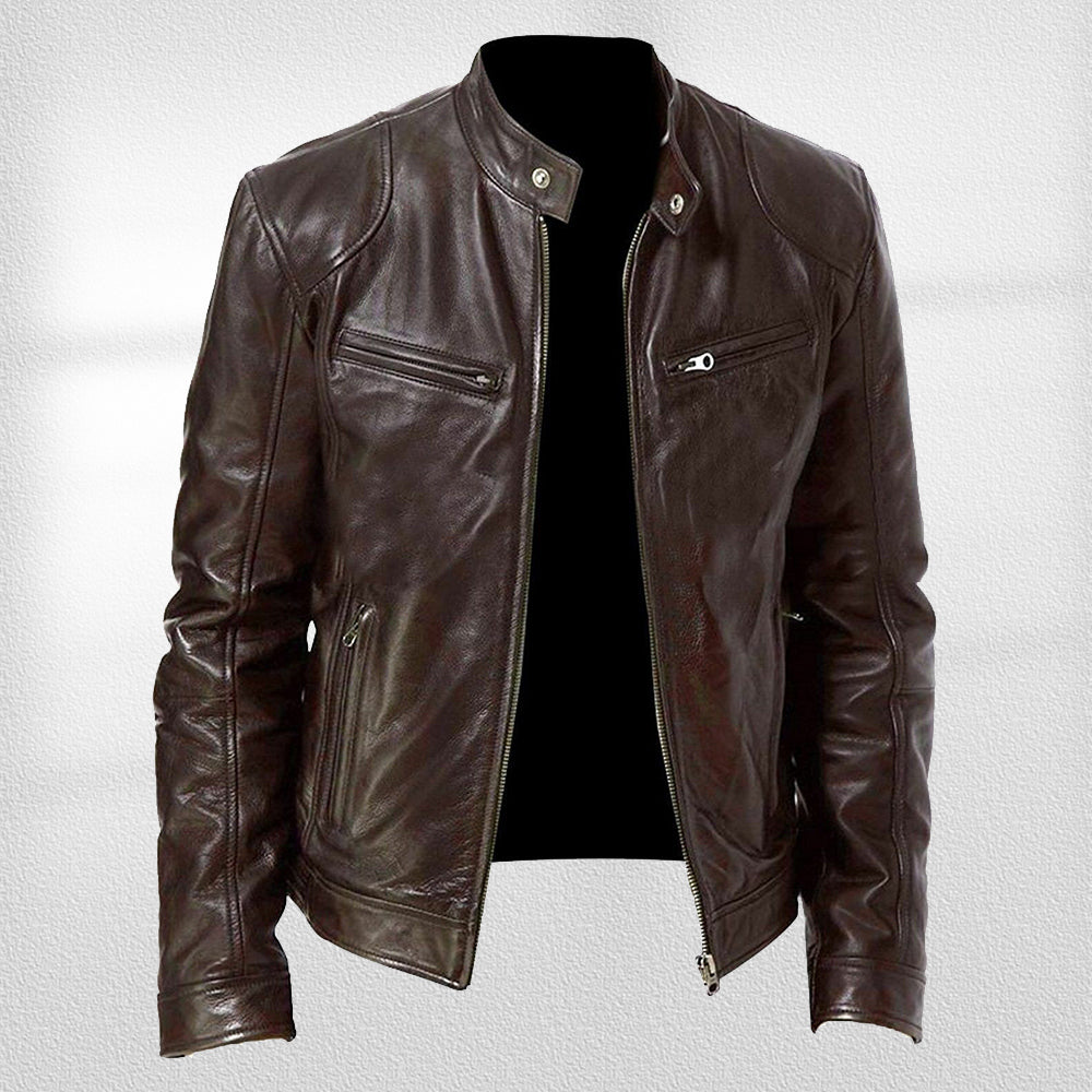 GR | Stand-up collar, trendy leather jacket, handsome motorcycle leather jacket