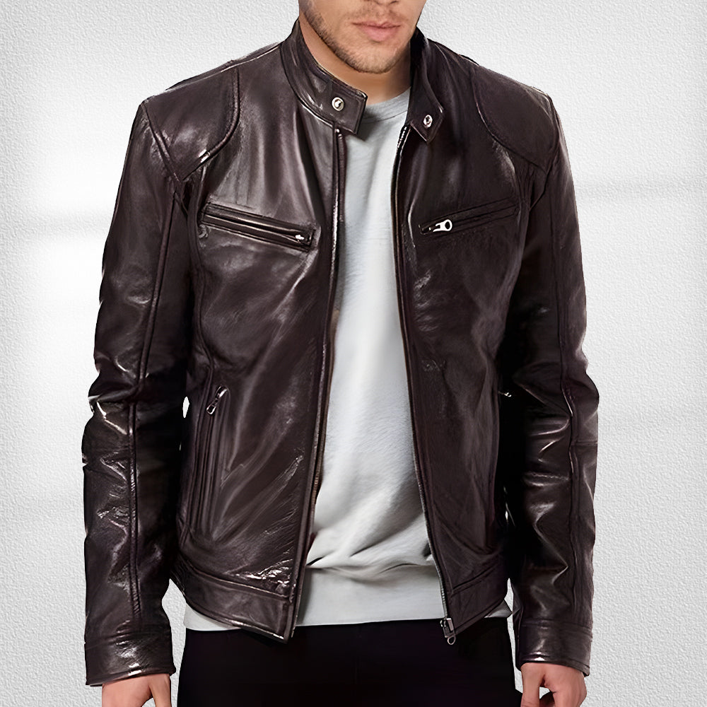 GR | Stand-up collar, trendy leather jacket, handsome motorcycle leather jacket