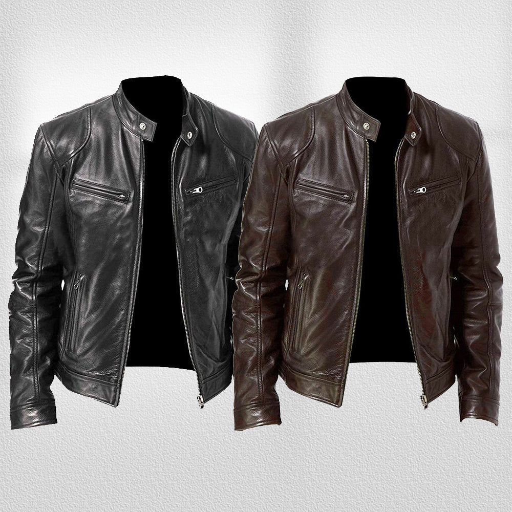 GR | Stand-up collar, trendy leather jacket, handsome motorcycle leather jacket
