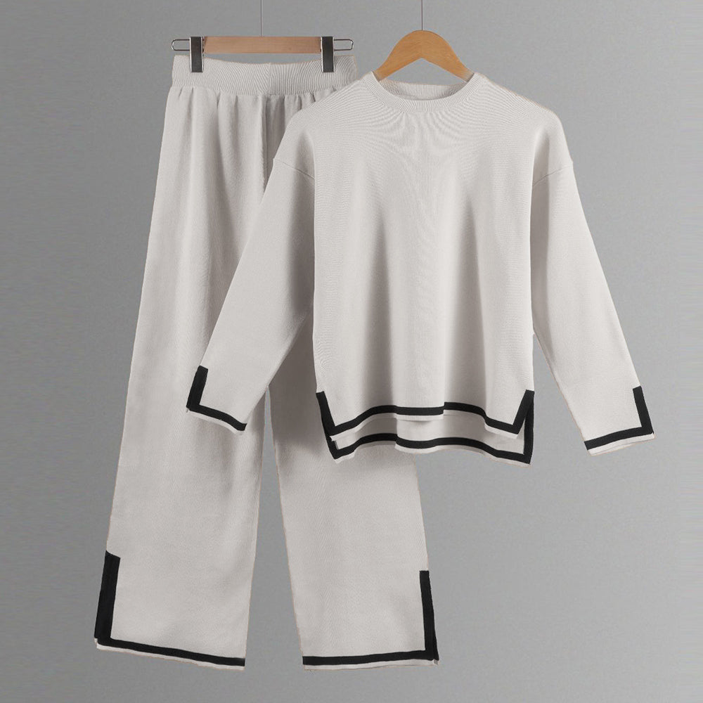 GR | Knitted, Loose-fitting Wide-Leg Top, Two-Piece, Casual Round Neck Suit