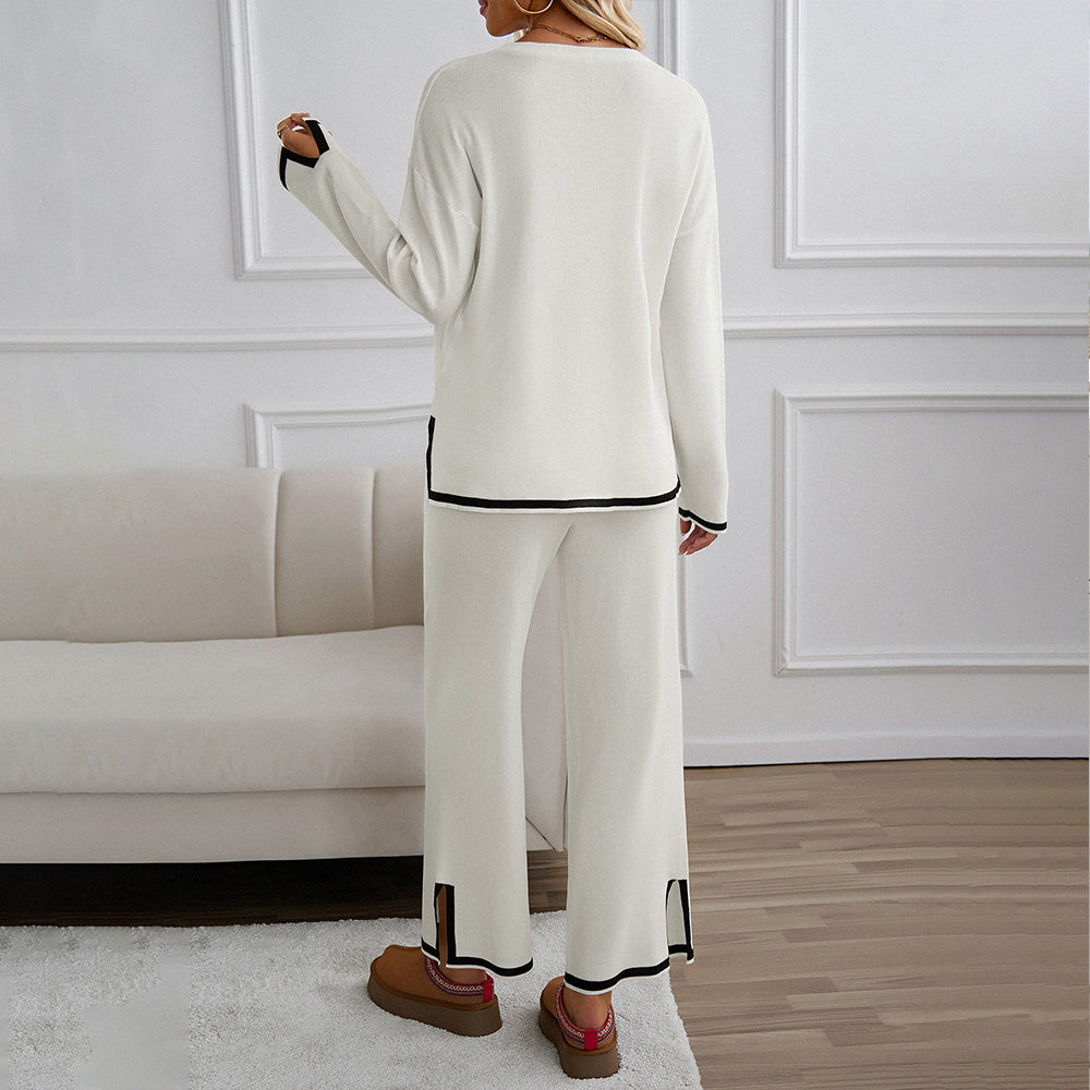 GR | Knitted, Loose-fitting Wide-Leg Top, Two-Piece, Casual Round Neck Suit