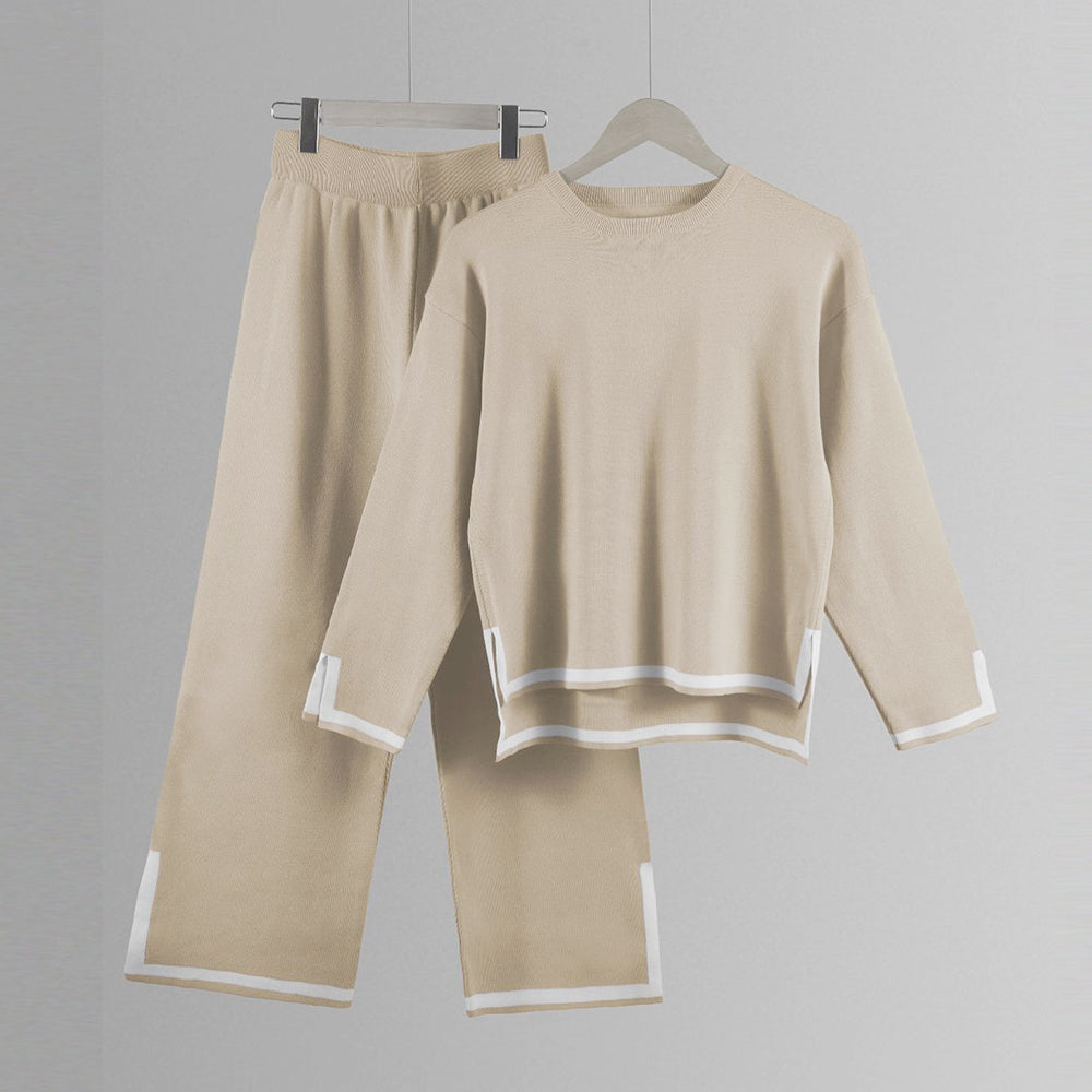 GR | Knitted, Loose-fitting Wide-Leg Top, Two-Piece, Casual Round Neck Suit