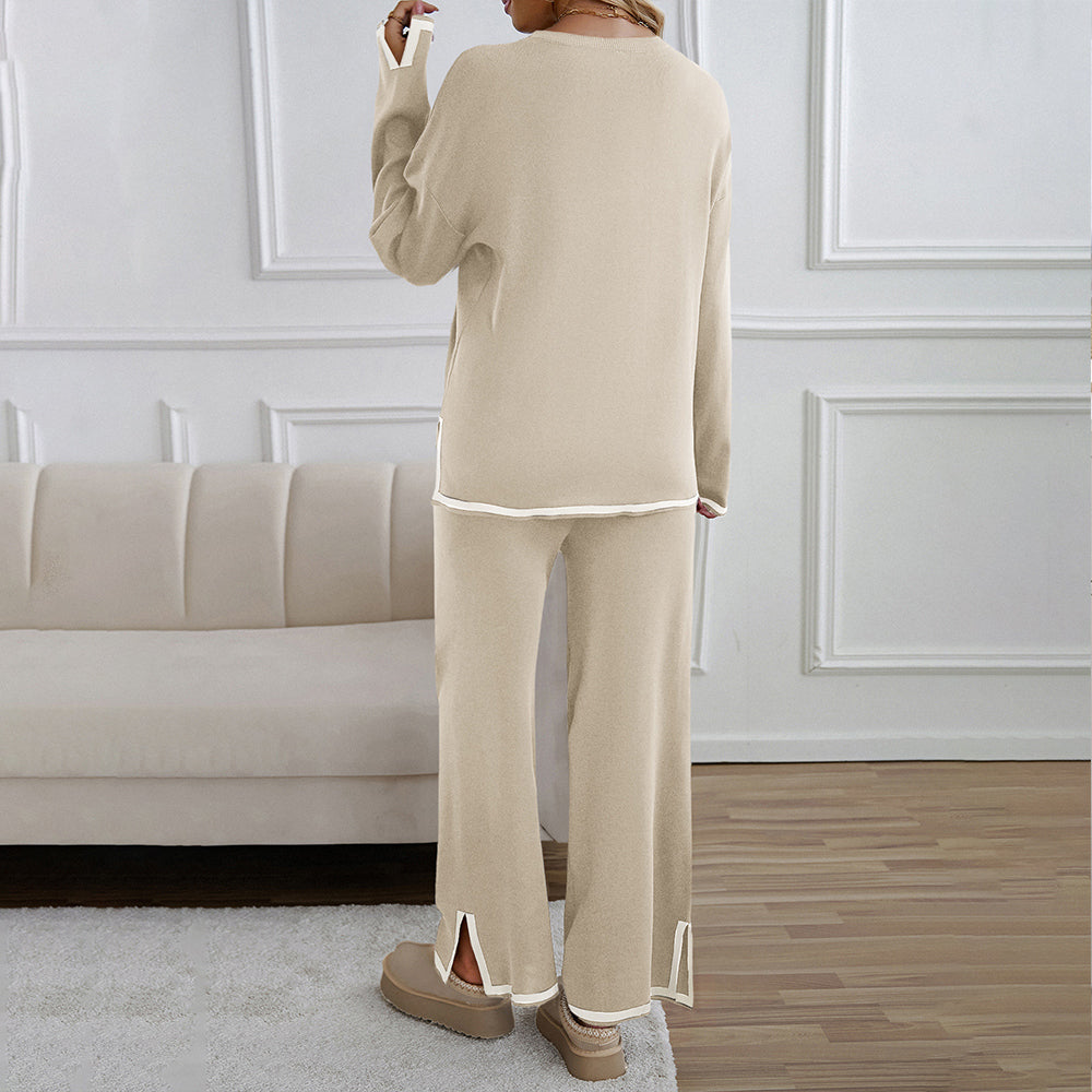 GR | Knitted, Loose-fitting Wide-Leg Top, Two-Piece, Casual Round Neck Suit