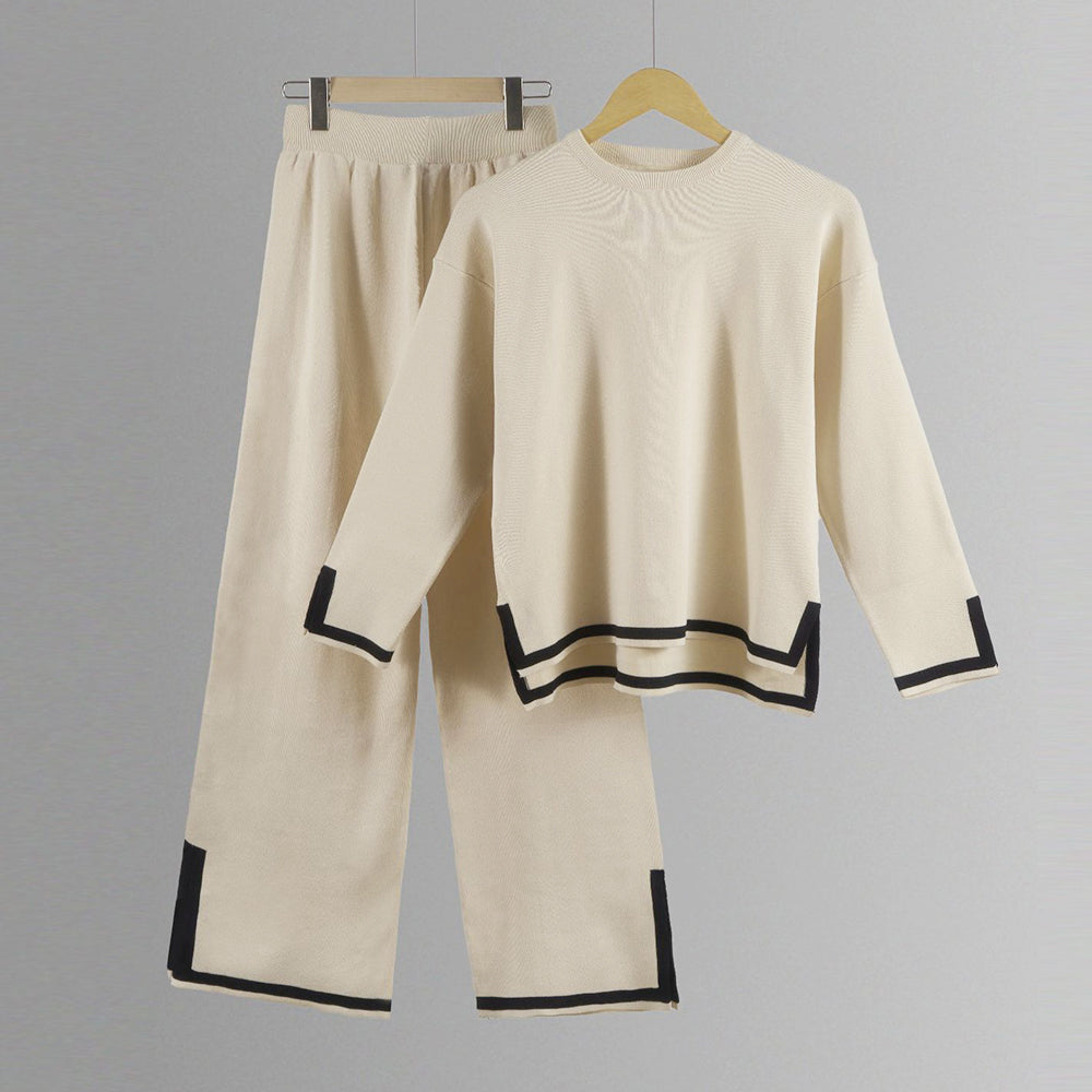 GR | Knitted, Loose-fitting Wide-Leg Top, Two-Piece, Casual Round Neck Suit