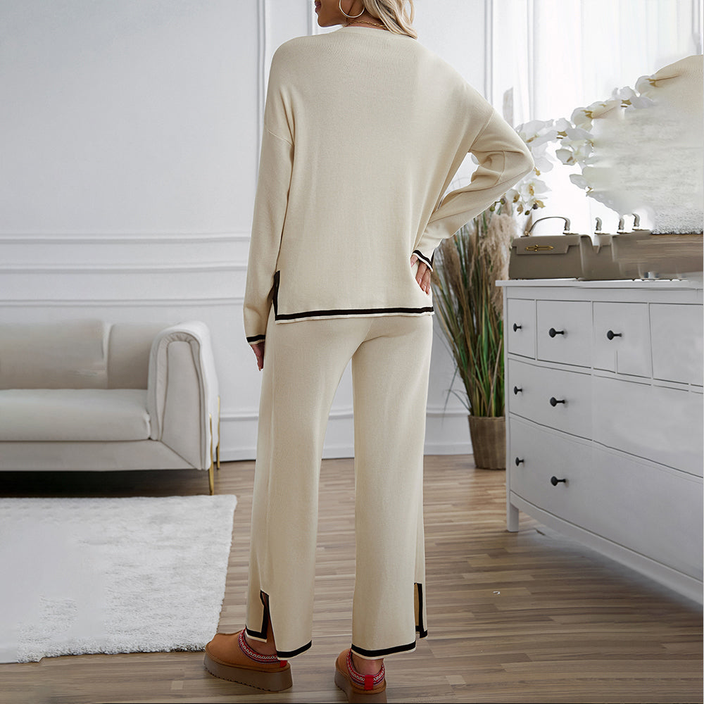 GR | Knitted, Loose-fitting Wide-Leg Top, Two-Piece, Casual Round Neck Suit