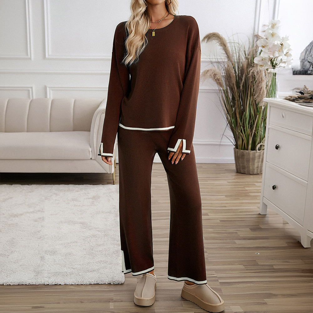 GR | Knitted, Loose-fitting Wide-Leg Top, Two-Piece, Casual Round Neck Suit
