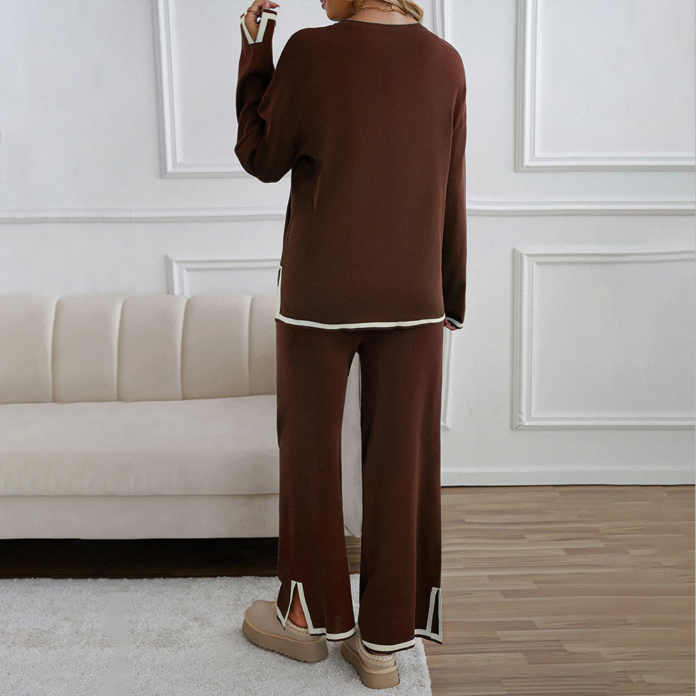 GR | Knitted, Loose-fitting Wide-Leg Top, Two-Piece, Casual Round Neck Suit