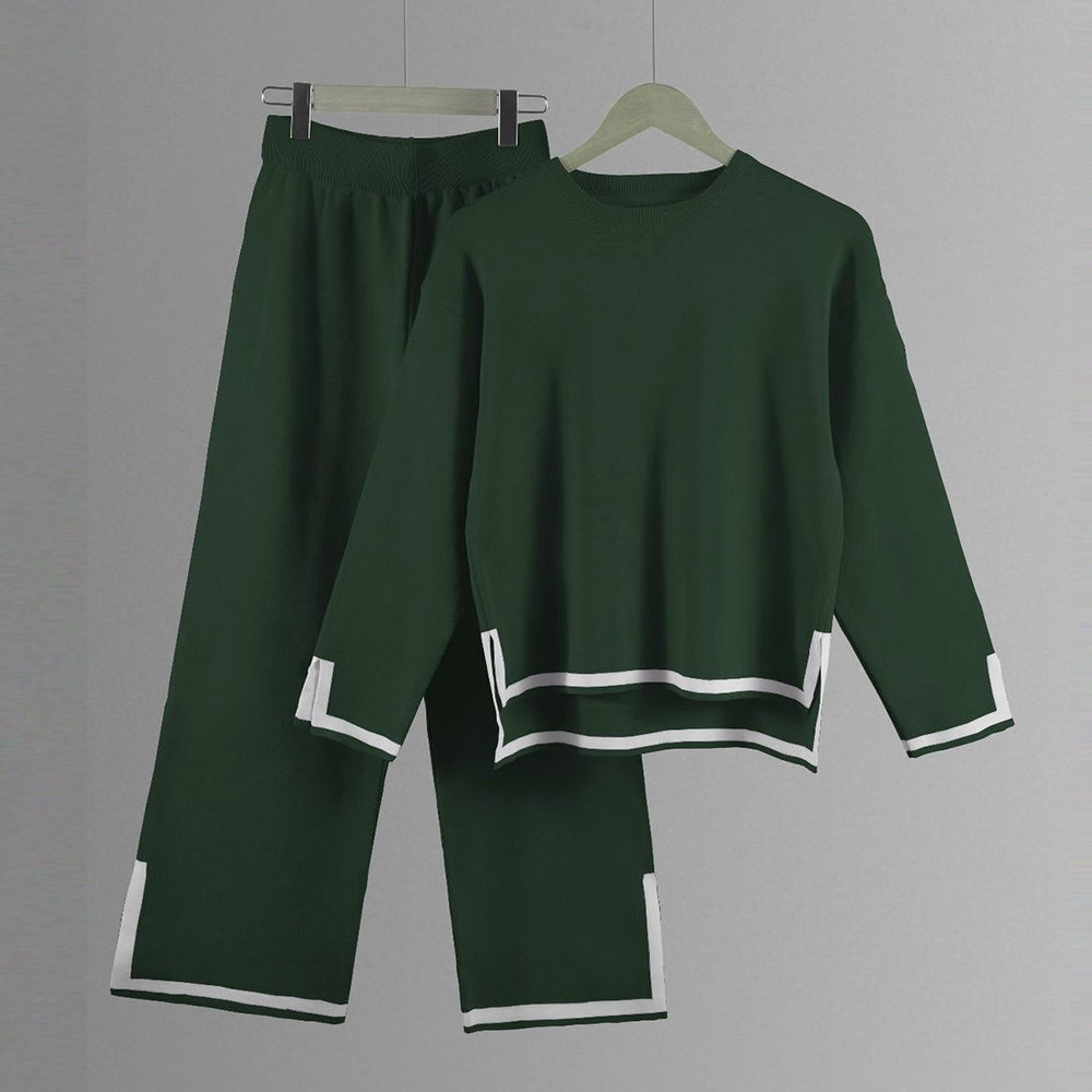 GR | Knitted, Loose-fitting Wide-Leg Top, Two-Piece, Casual Round Neck Suit