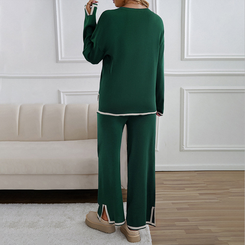 GR | Knitted, Loose-fitting Wide-Leg Top, Two-Piece, Casual Round Neck Suit