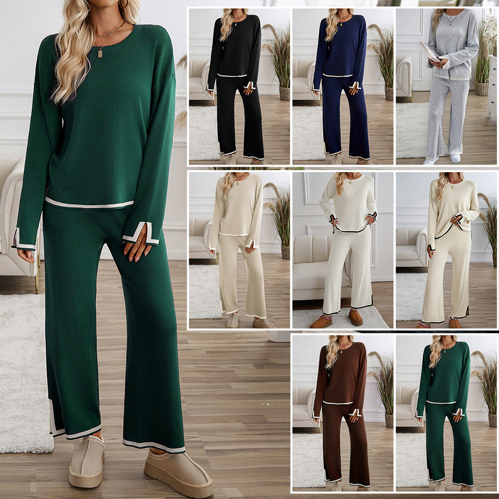 GR | Knitted, Loose-fitting Wide-Leg Top, Two-Piece, Casual Round Neck Suit