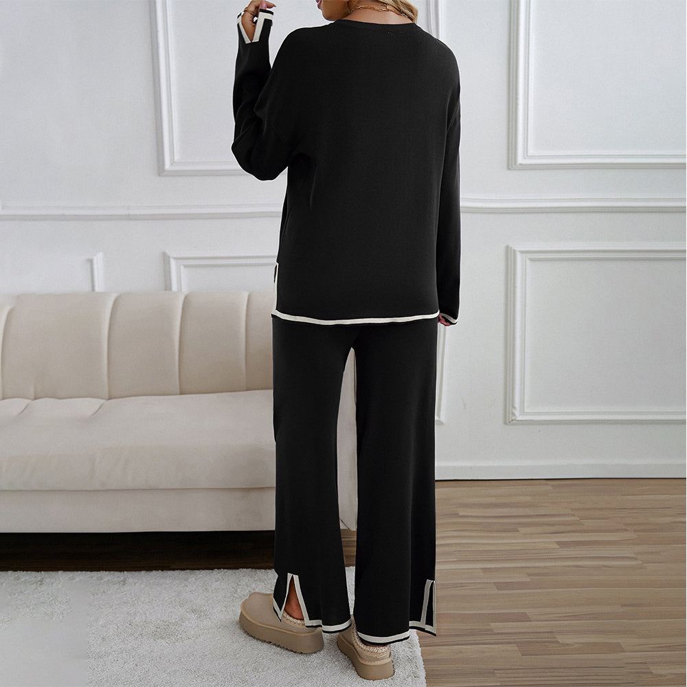 GR | Knitted, Loose-fitting Wide-Leg Top, Two-Piece, Casual Round Neck Suit