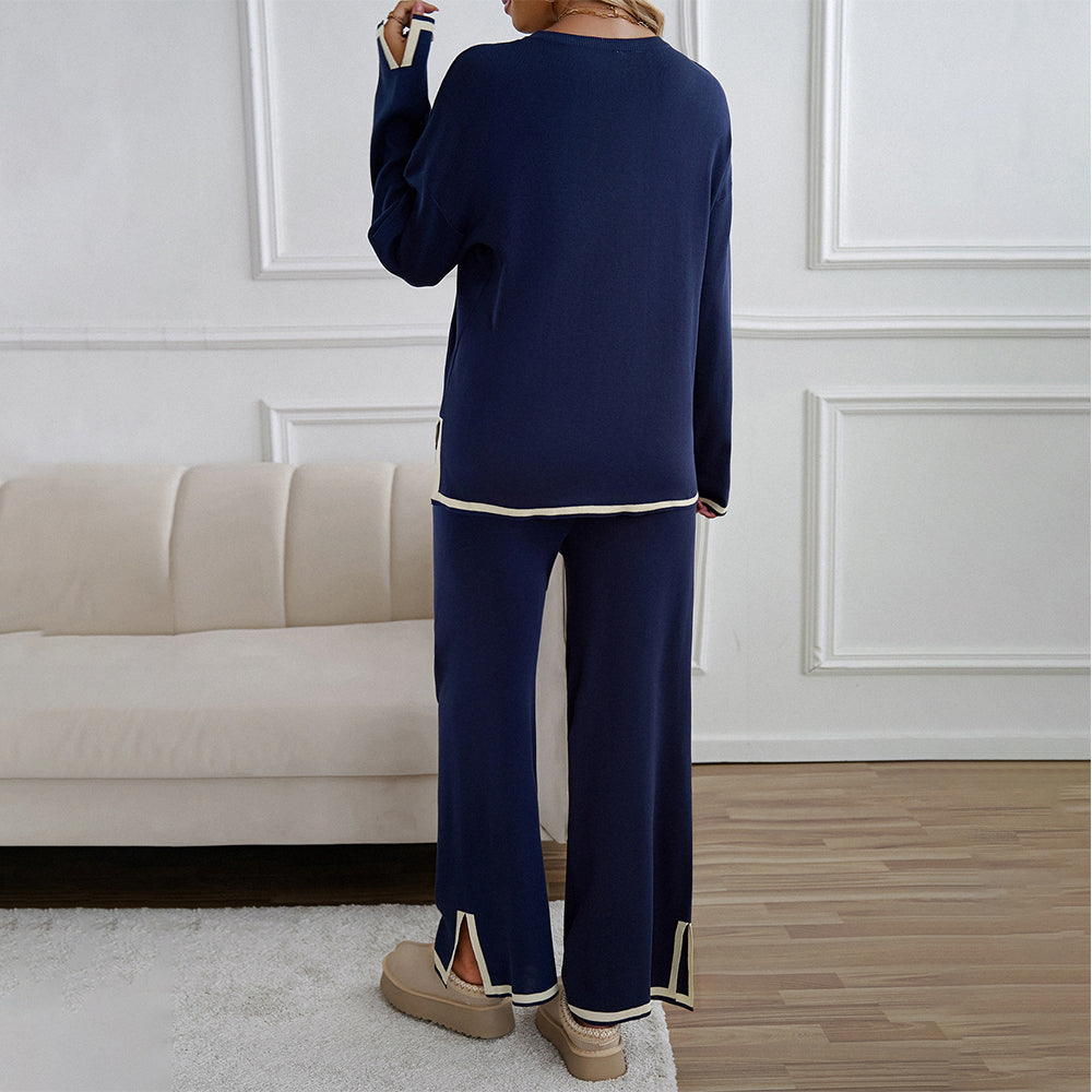 GR | Knitted, Loose-fitting Wide-Leg Top, Two-Piece, Casual Round Neck Suit
