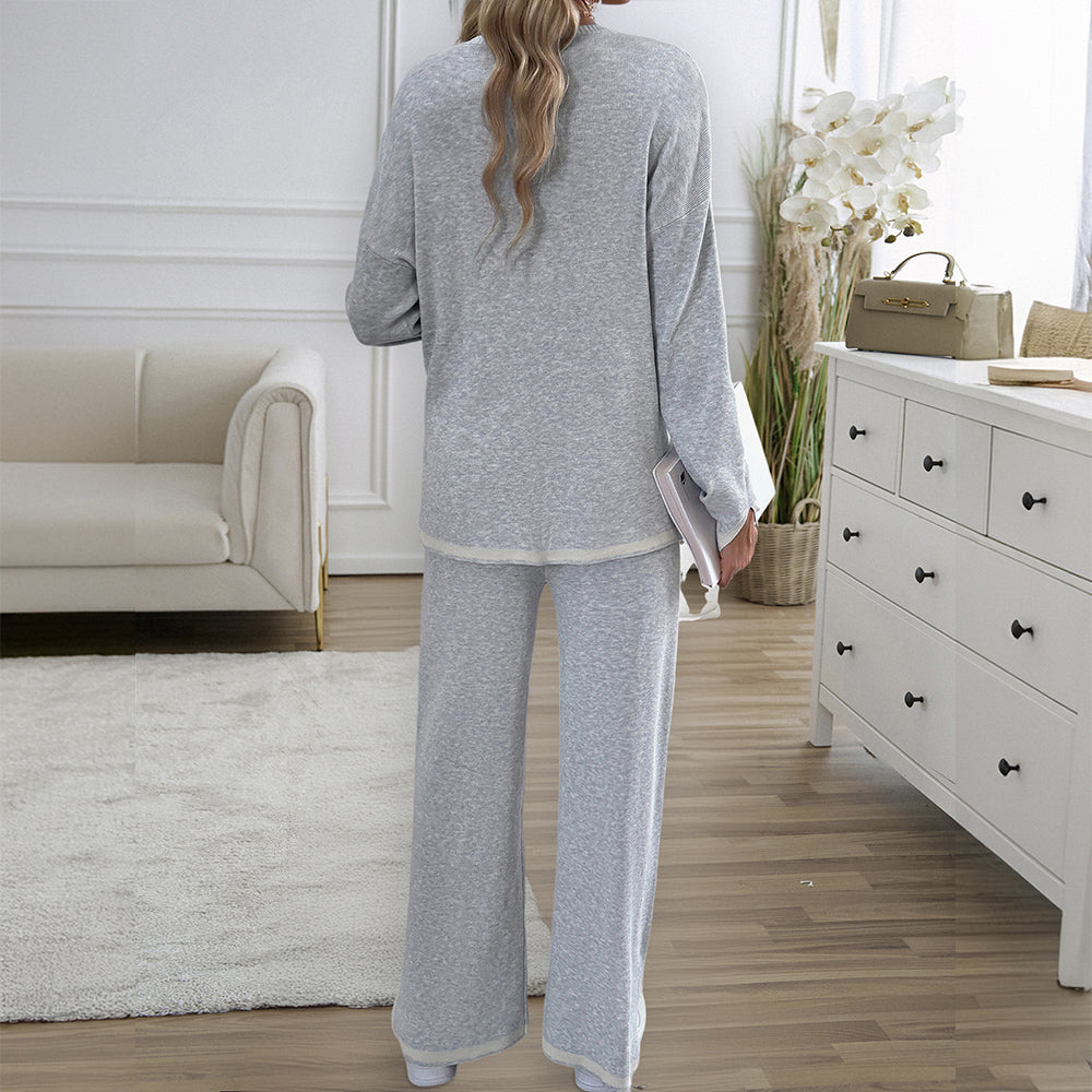 GR | Knitted, Loose-fitting Wide-Leg Top, Two-Piece, Casual Round Neck Suit
