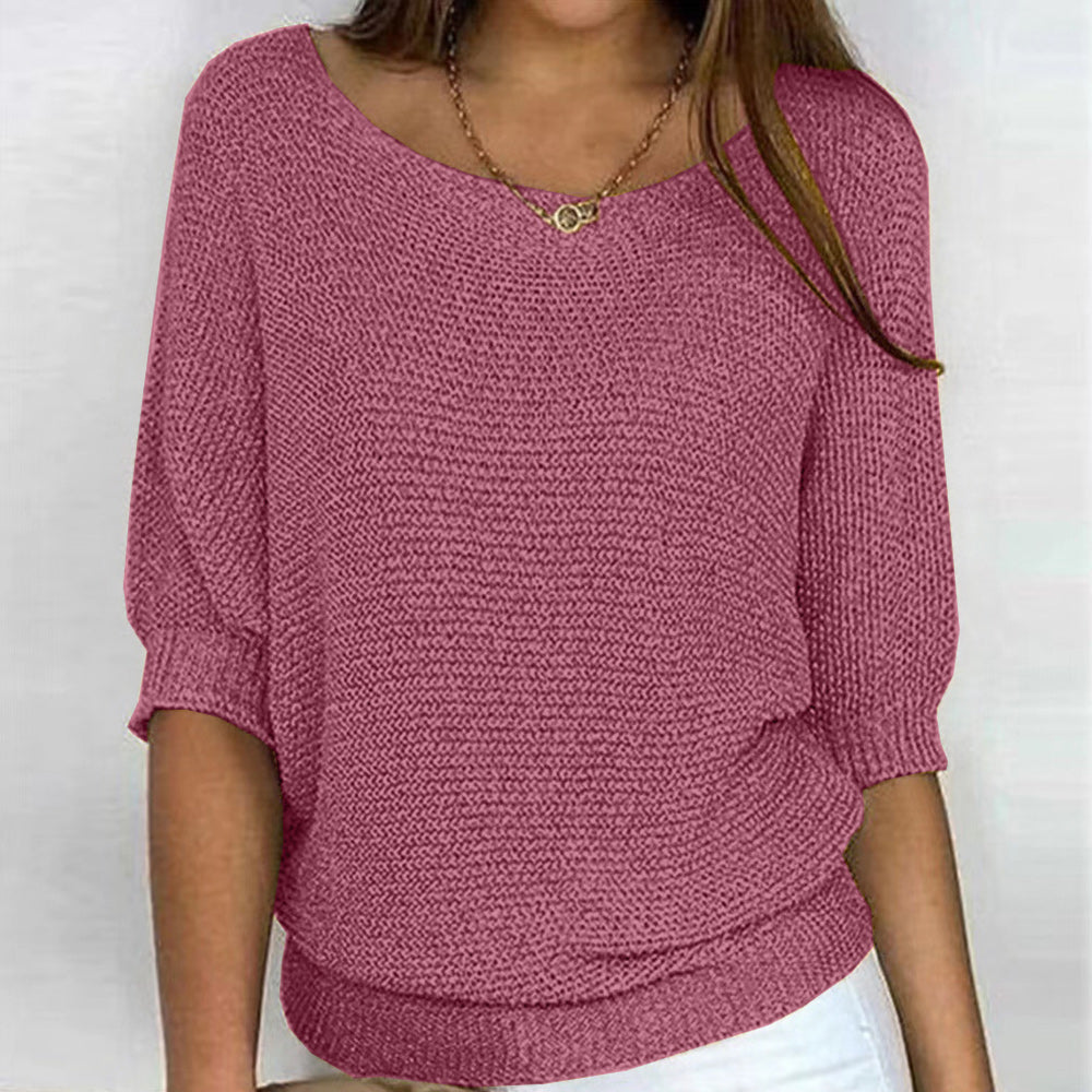 GR | Solid Color Crew Neck Sweater with Three-Quarter Sleeves for Women