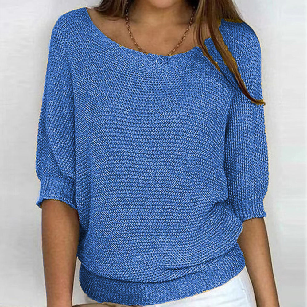 GR | Solid Color Crew Neck Sweater with Three-Quarter Sleeves for Women