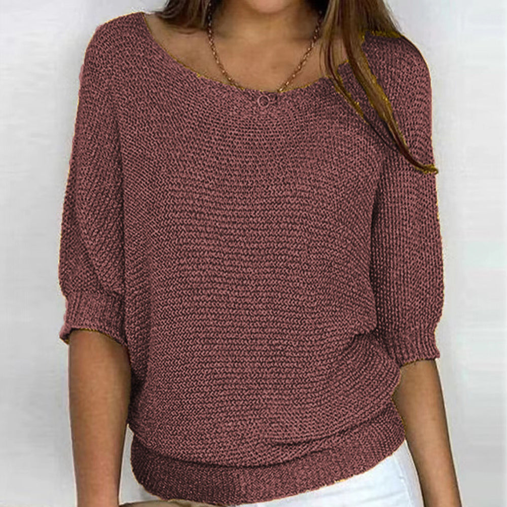 GR | Solid Color Crew Neck Sweater with Three-Quarter Sleeves for Women