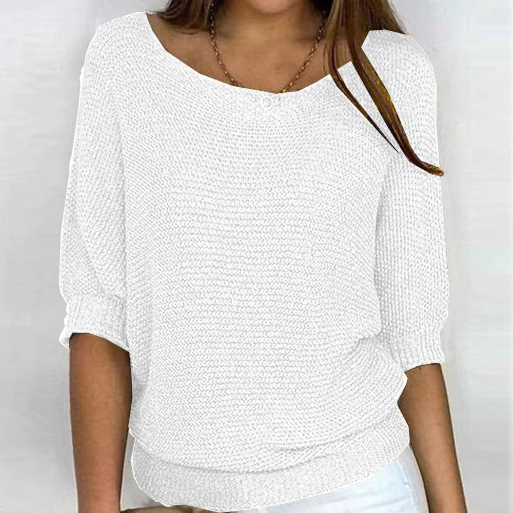 GR | Solid Color Crew Neck Sweater with Three-Quarter Sleeves for Women