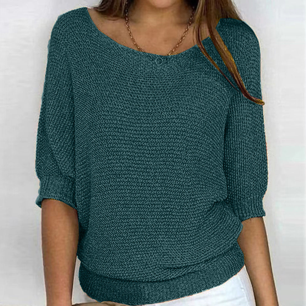 GR | Solid Color Crew Neck Sweater with Three-Quarter Sleeves for Women