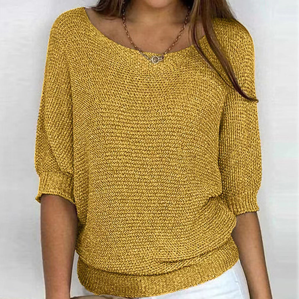 GR | Solid Color Crew Neck Sweater with Three-Quarter Sleeves for Women