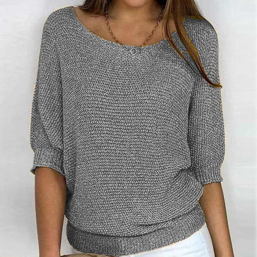 GR | Solid Color Crew Neck Sweater with Three-Quarter Sleeves for Women