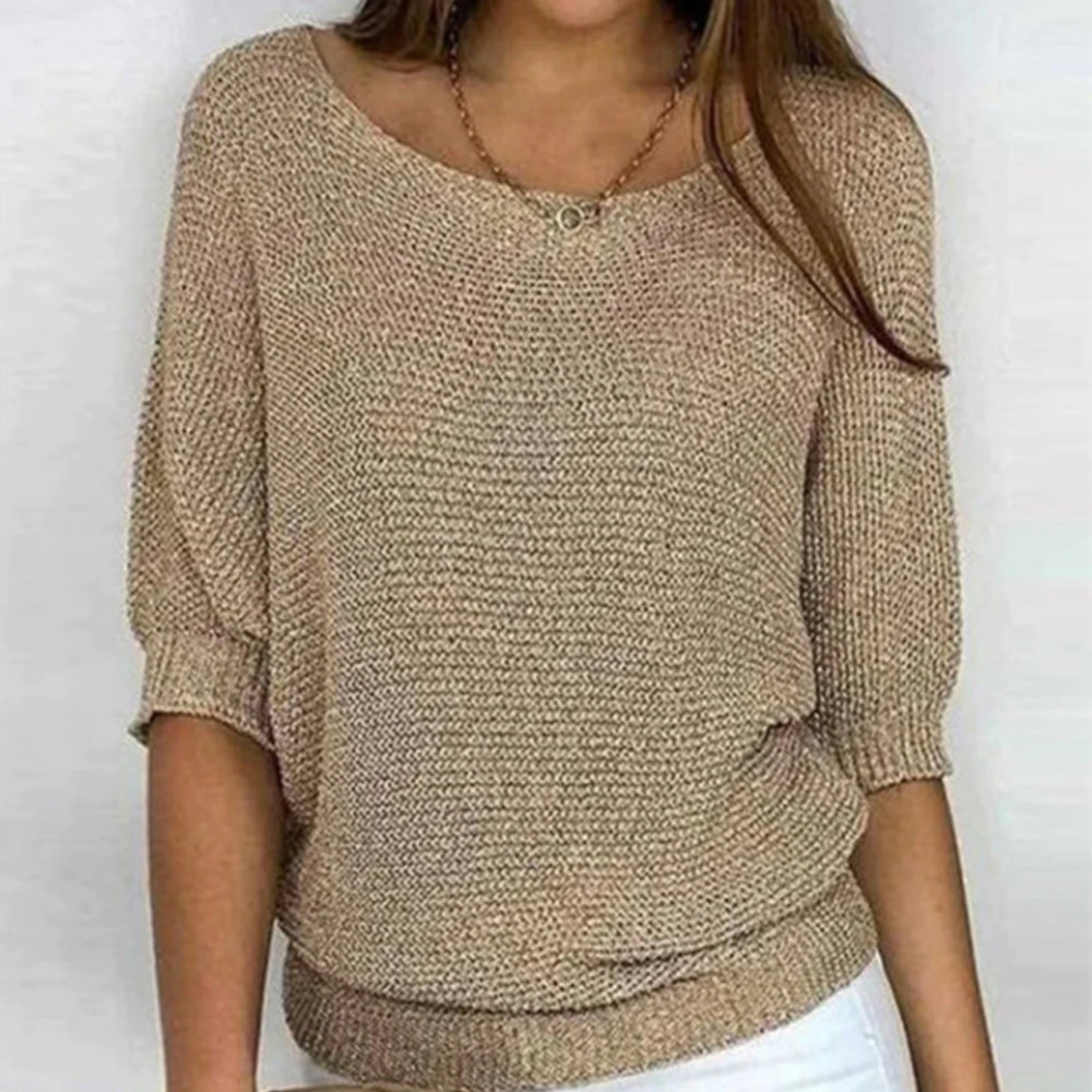 GR | Solid Color Crew Neck Sweater with Three-Quarter Sleeves for Women