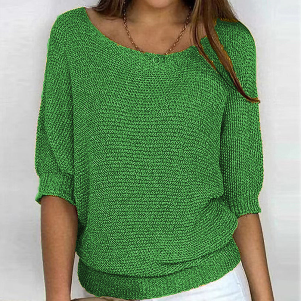 GR | Solid Color Crew Neck Sweater with Three-Quarter Sleeves for Women