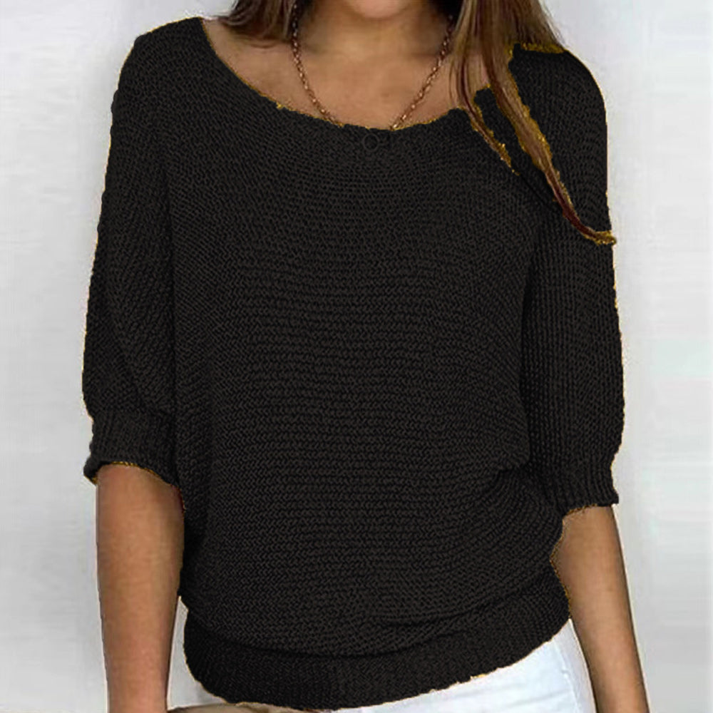 GR | Solid Color Crew Neck Sweater with Three-Quarter Sleeves for Women