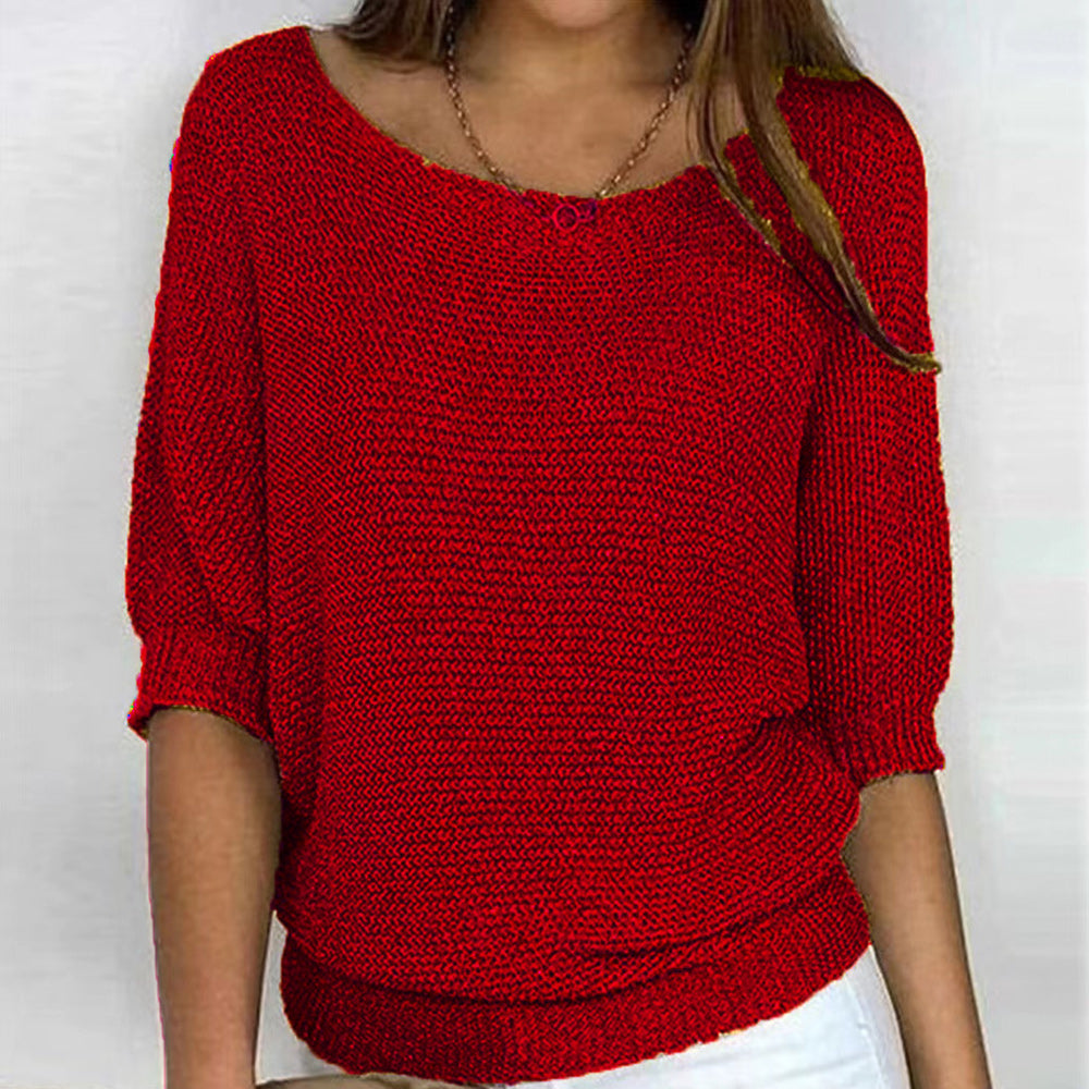 GR | Solid Color Crew Neck Sweater with Three-Quarter Sleeves for Women
