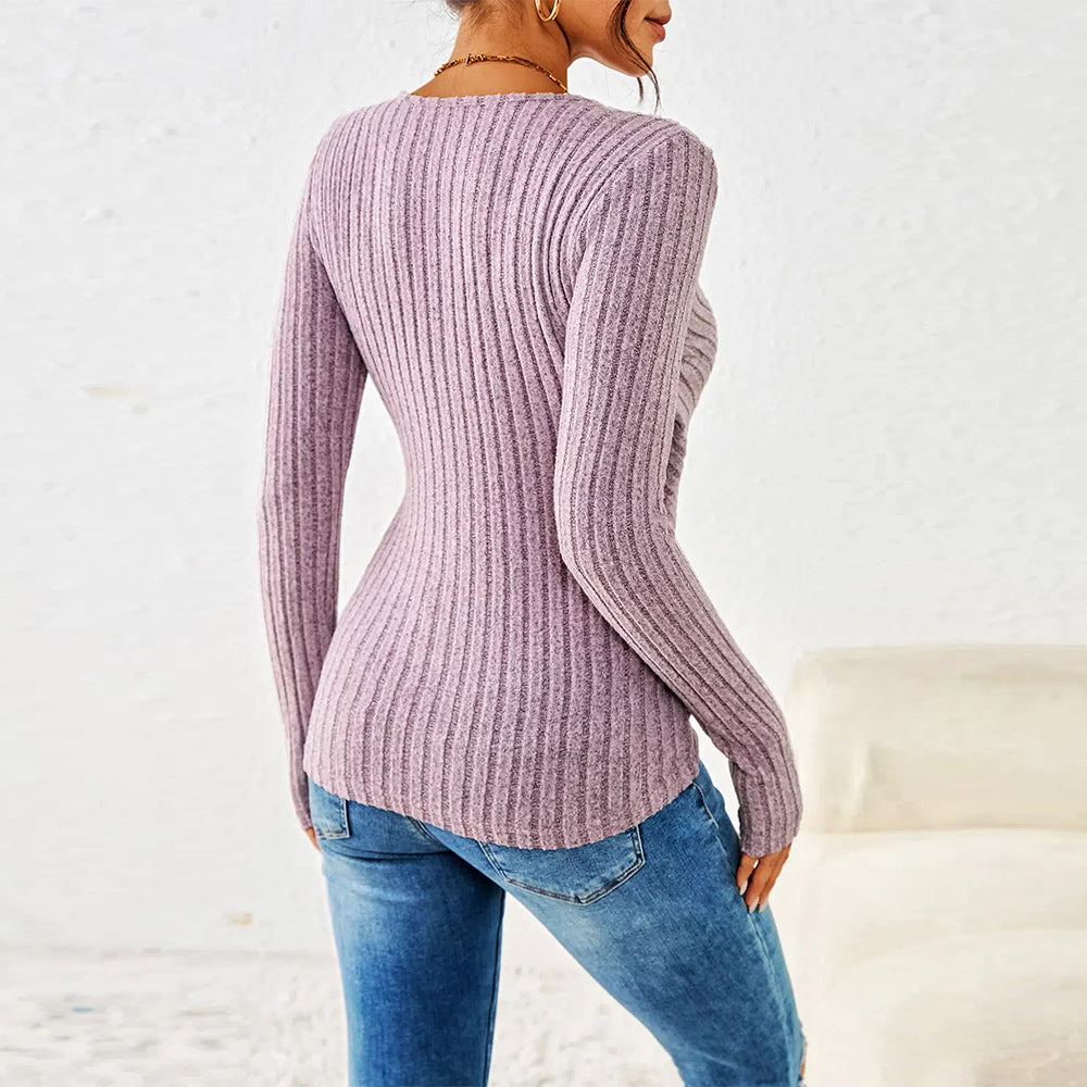 GR | Casual, long-sleeved women's top with a slim waist, solid color and V-neck