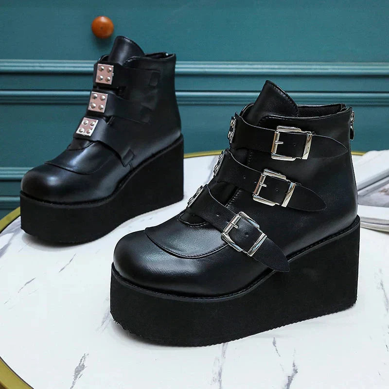 GR | Women's ankle boots, street fashion, casual wedge platform shoes, size 43, super high heel, strap buckle, designer boots, feminine