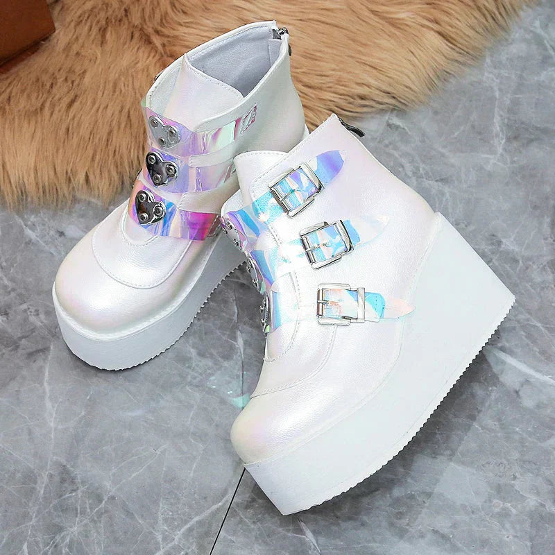GR | Women's ankle boots, street fashion, casual wedge platform shoes, size 43, super high heel, strap buckle, designer boots, feminine