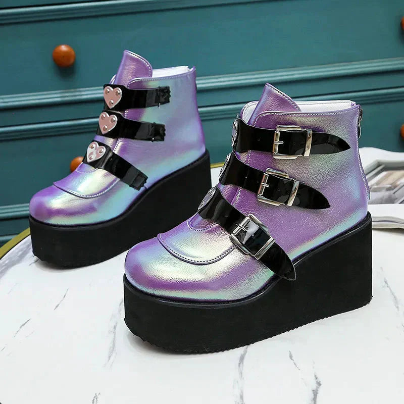 GR | Women's ankle boots, street fashion, casual wedge platform shoes, size 43, super high heel, strap buckle, designer boots, feminine