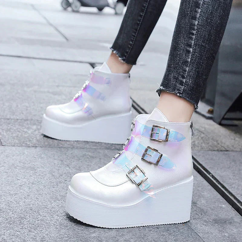 GR | Women's ankle boots, street fashion, casual wedge platform shoes, size 43, super high heel, strap buckle, designer boots, feminine