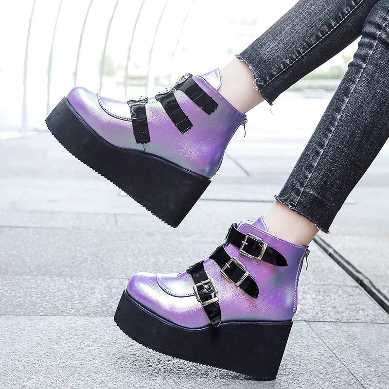 GR | Women's ankle boots, street fashion, casual wedge platform shoes, size 43, super high heel, strap buckle, designer boots, feminine