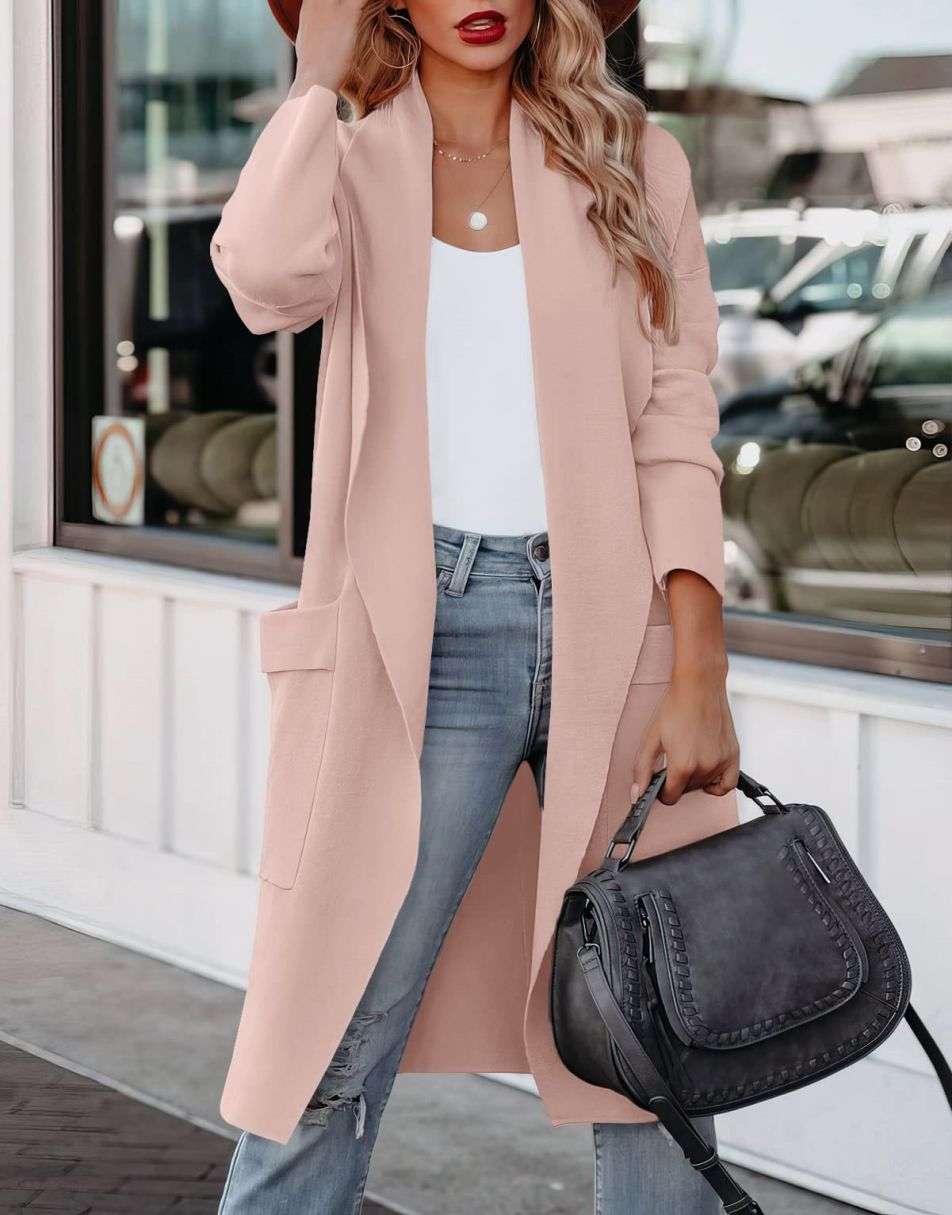 GR | Lange Strickjacke mit Offener Vorderseite Im Lässigen Stil