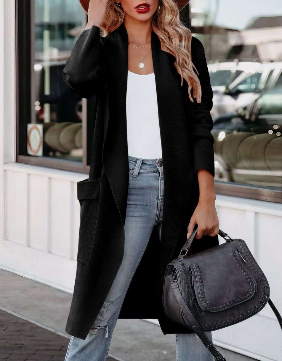 GR | Lange Strickjacke mit Offener Vorderseite Im Lässigen Stil