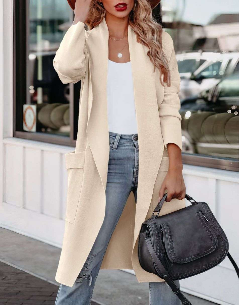 GR | Lange Strickjacke mit Offener Vorderseite Im Lässigen Stil