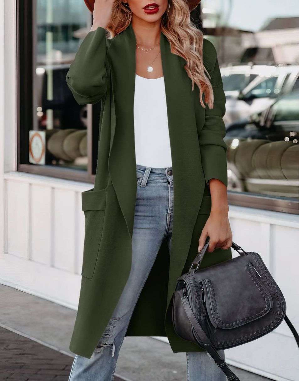 GR | Lange Strickjacke mit Offener Vorderseite Im Lässigen Stil