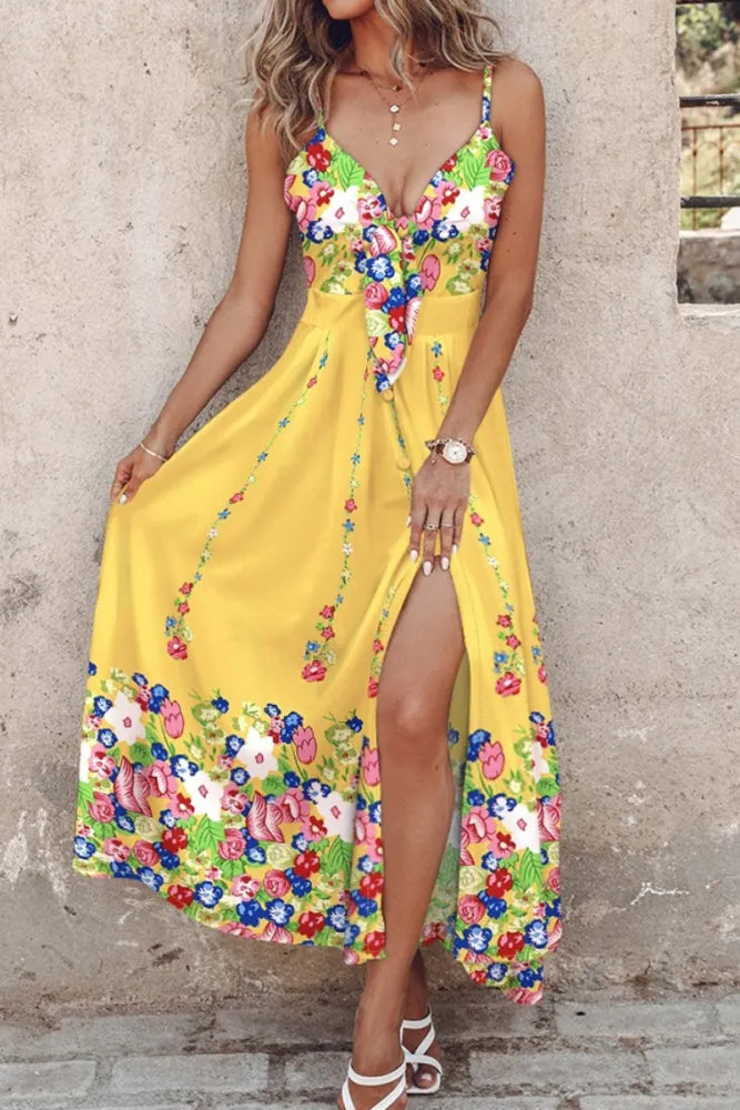 GR | Casual Print Halter Spaghetti Strap Long Dresses