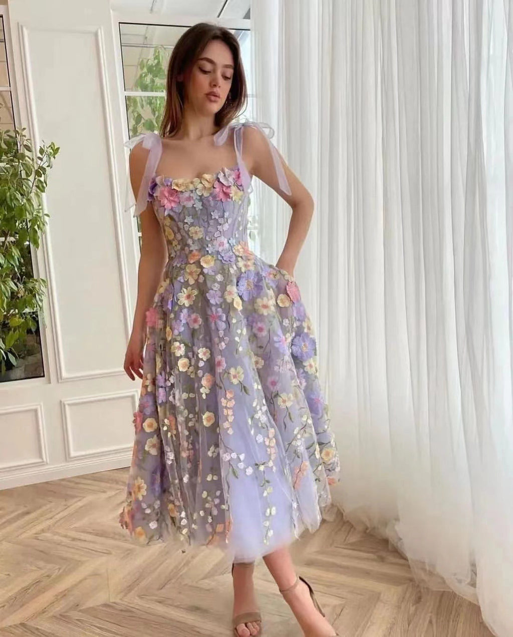 GR | Sleeveless dress with bows and floral pattern, summer dress