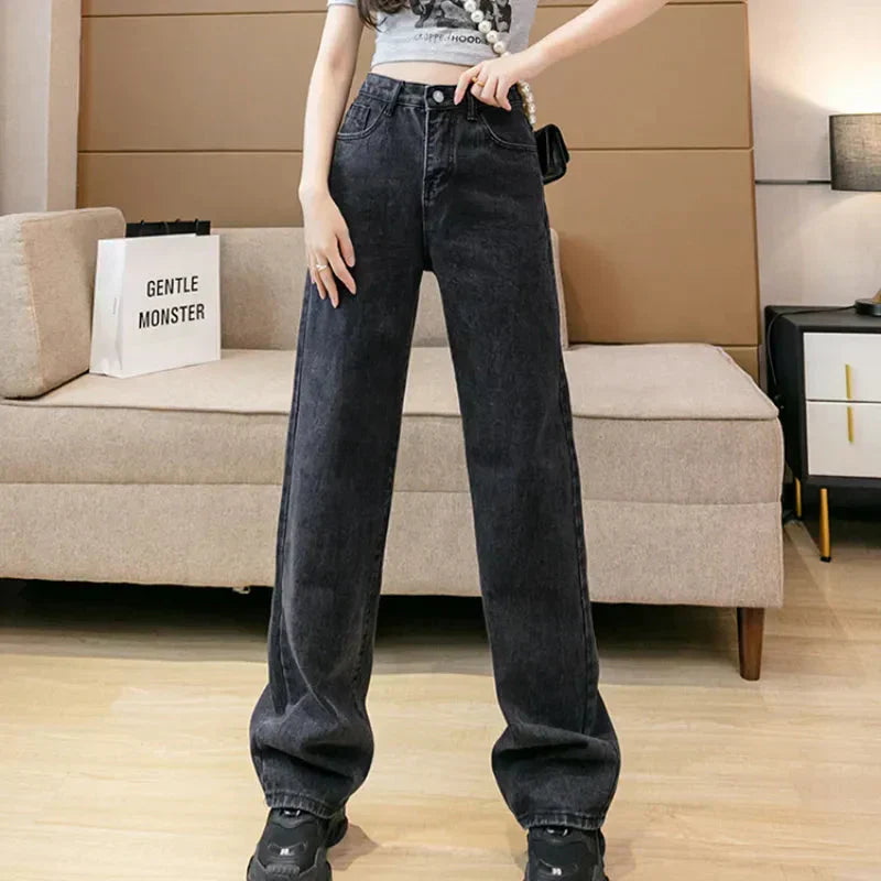 GR | Autumn Spring Jeans Women Denim Trousers Vintage Straight Leg Trousers Fashion Female White Black Solid Color Loose Relaxed Wide Leg Trousers
