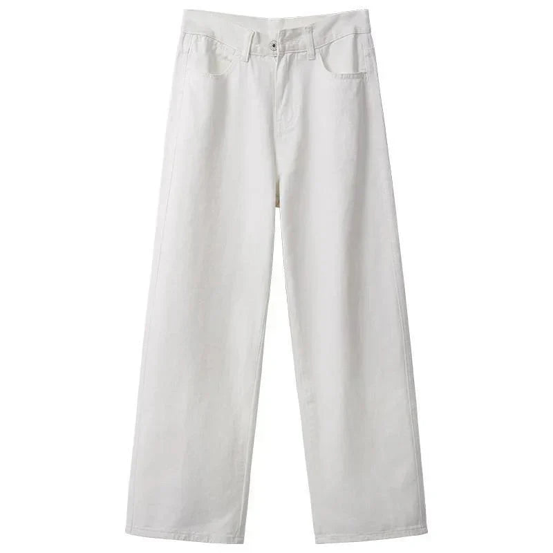 GR | Autumn Spring Jeans Women Denim Trousers Vintage Straight Leg Trousers Fashion Female White Black Solid Color Loose Relaxed Wide Leg Trousers