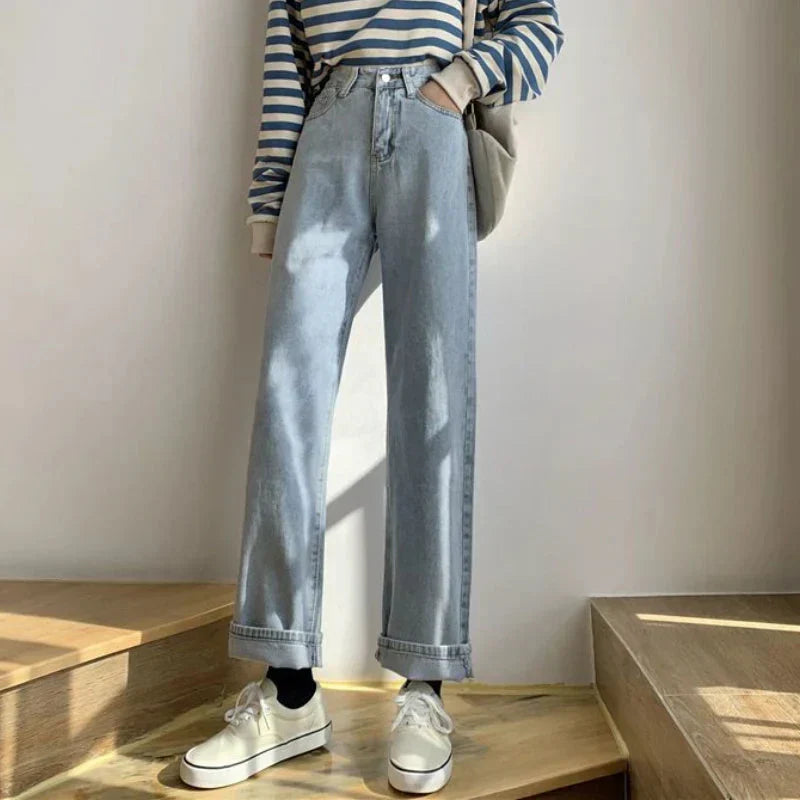 GR | Autumn Spring Jeans Women Denim Trousers Vintage Straight Leg Trousers Fashion Female White Black Solid Color Loose Relaxed Wide Leg Trousers