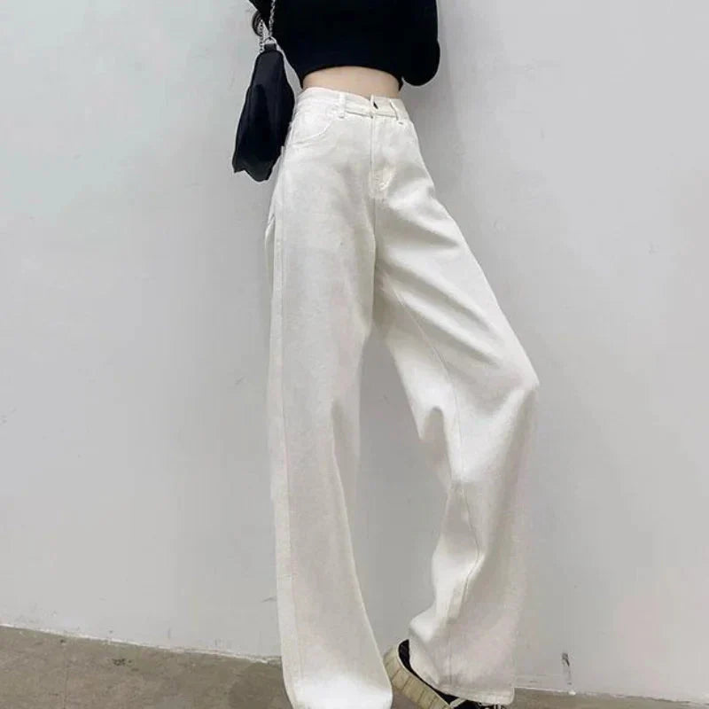 GR | Autumn Spring Jeans Women Denim Trousers Vintage Straight Leg Trousers Fashion Female White Black Solid Color Loose Relaxed Wide Leg Trousers