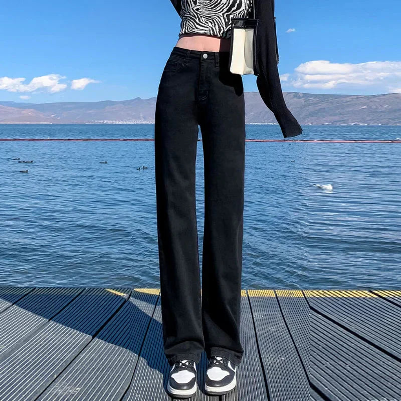 GR | Autumn Spring Jeans Women Denim Trousers Vintage Straight Leg Trousers Fashion Female White Black Solid Color Loose Relaxed Wide Leg Trousers