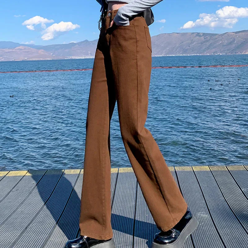 GR | Autumn Spring Jeans Women Denim Trousers Vintage Straight Leg Trousers Fashion Female White Black Solid Color Loose Relaxed Wide Leg Trousers