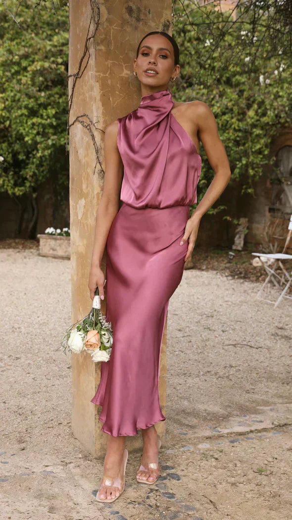 GR | Elegantes Satin Midikleid Mit Drapiertem Ausschnitt Für Damen